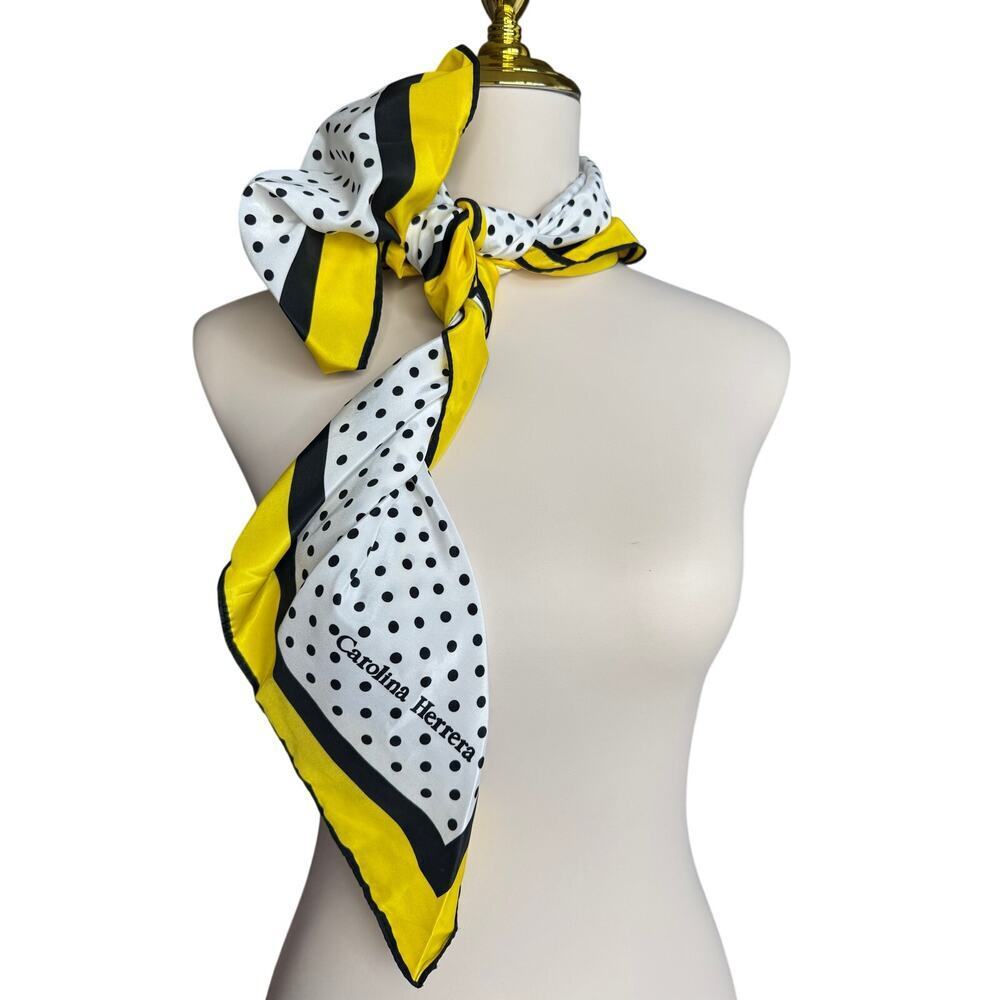 Carolina Herrera Polka Dot Scarf Yellow Black White Square Wrap